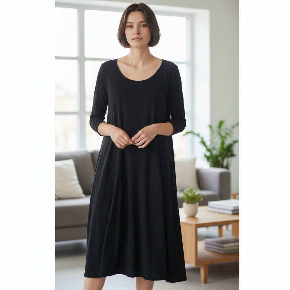 Garnet Hill Knit Black Trapeze Dress 3/4 Sleeve XL Old Money